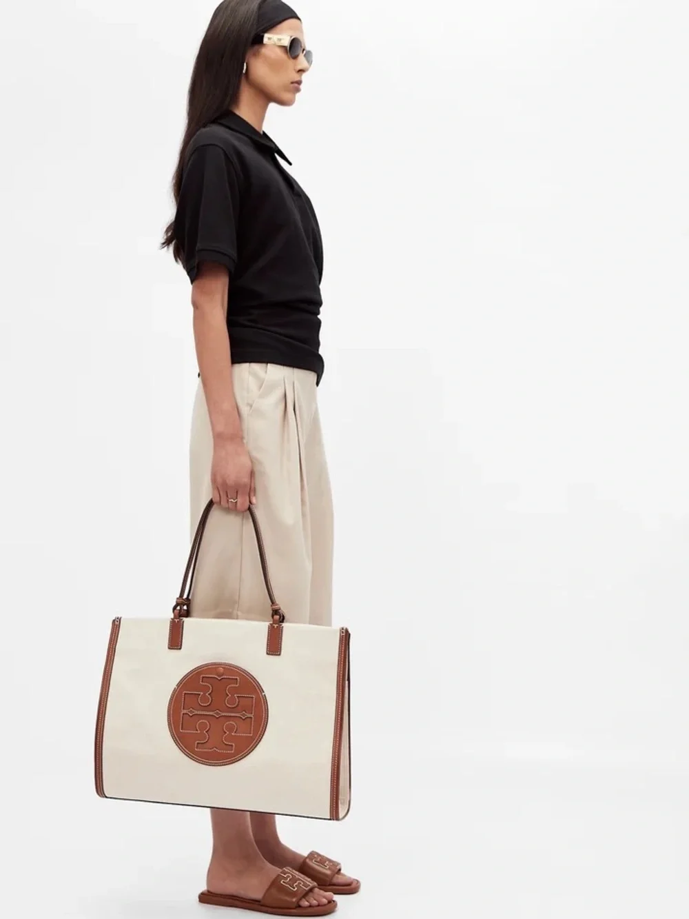 TORY BURCH Ella Canvas tote large Brown Leather Natural Classic Cuoio Bag Auth